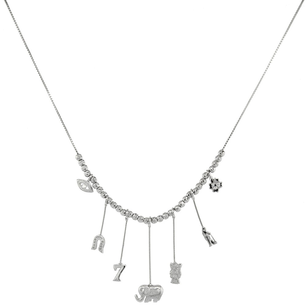 Sterling Silver Hanging  Good Luck Charm Necklace Bead Spacers Rhodium Finish Italy, 17 - 19 inch