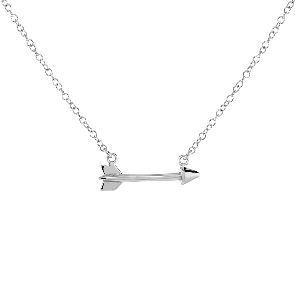 Sterling Silver Horizantal Arrow Necklace Rhodium Finish Italy, 16.5 - 17.5 inch