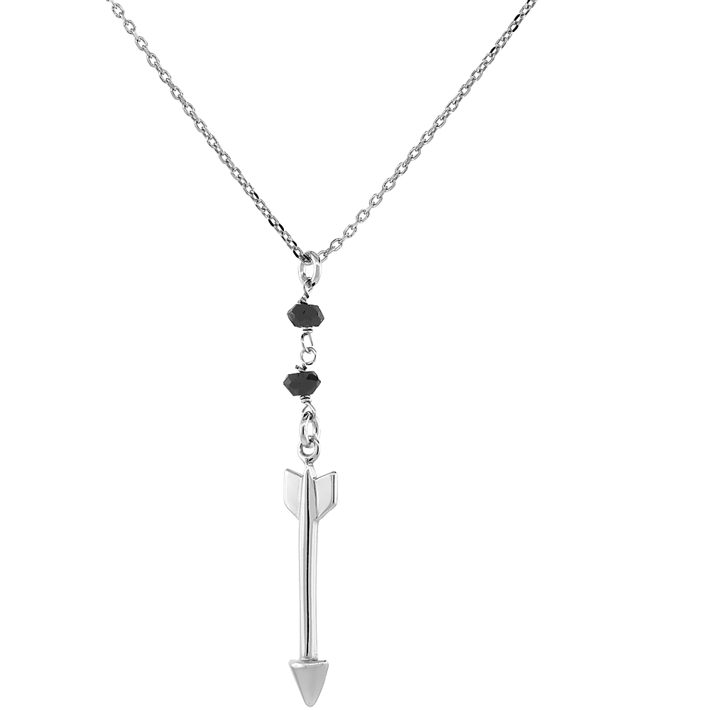 STERLING SILVER ARROW NECKLACE RHODIUM FINISH WITH FACETED BLACK SPINEL BEADS ITALY 16.5 - 17.5 INCH