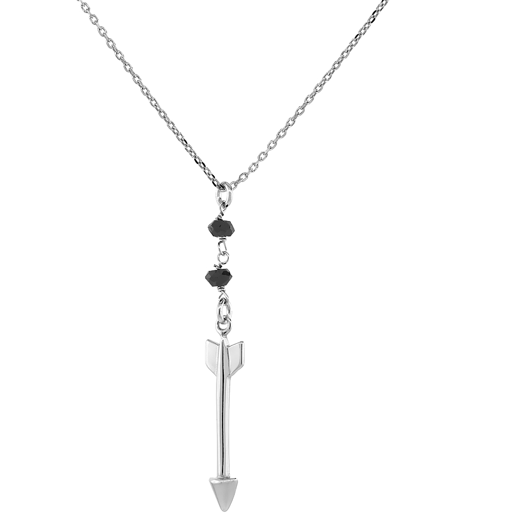 Sterling Silver Arrow Necklace Rhodium Finish with Faceted Black Spinel Beads Italy, 16.5 - 17.5 inch