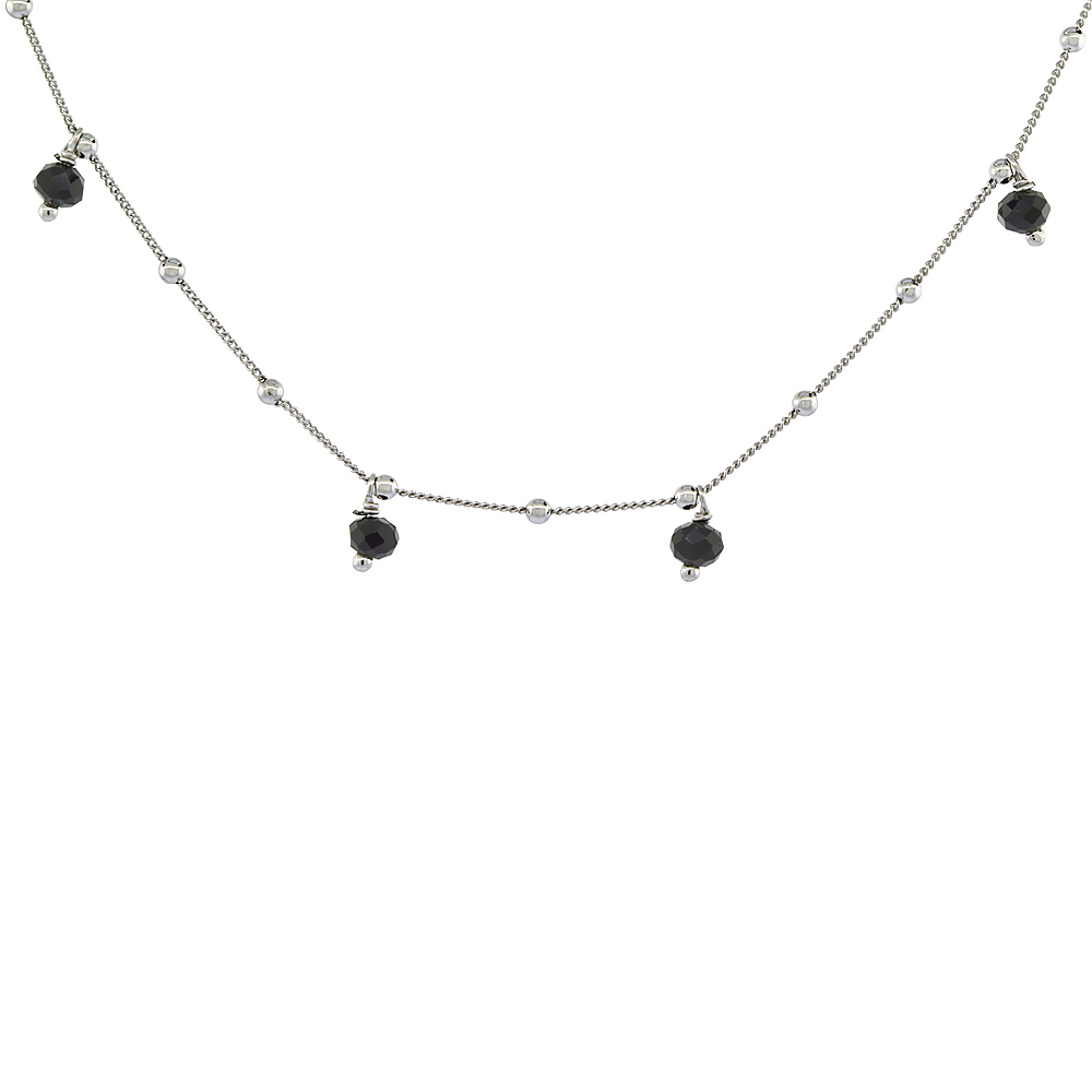 STERLING SILVER FACETED BLACK SPINEL STATION NECKLACE RHODIUM FINISH ITALY 19 - 20 INCH