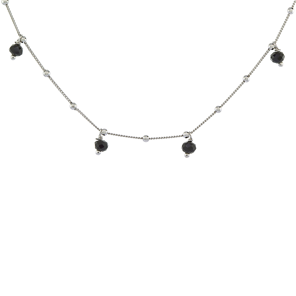 Sterling Silver Faceted Black Spinel Station Necklace Rhodium Finish Italy, 19 - 20 inch
