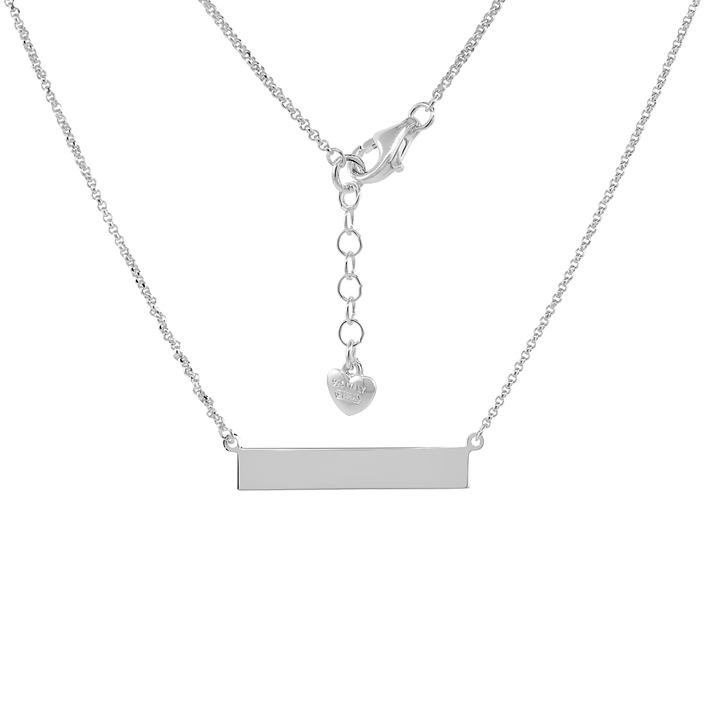 Sterling Silver Horizontal Bar Necklace Engravable Italy, 16-18 inch