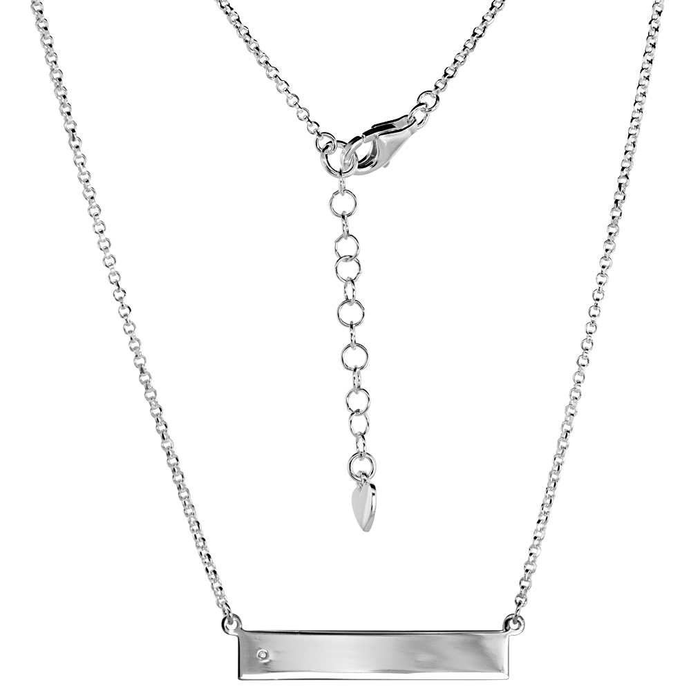 STERLING SILVER HORIZONTAL BAR NECKLACE CZ ACCENT ENGRAVABLE ITALY 16-18 INCH