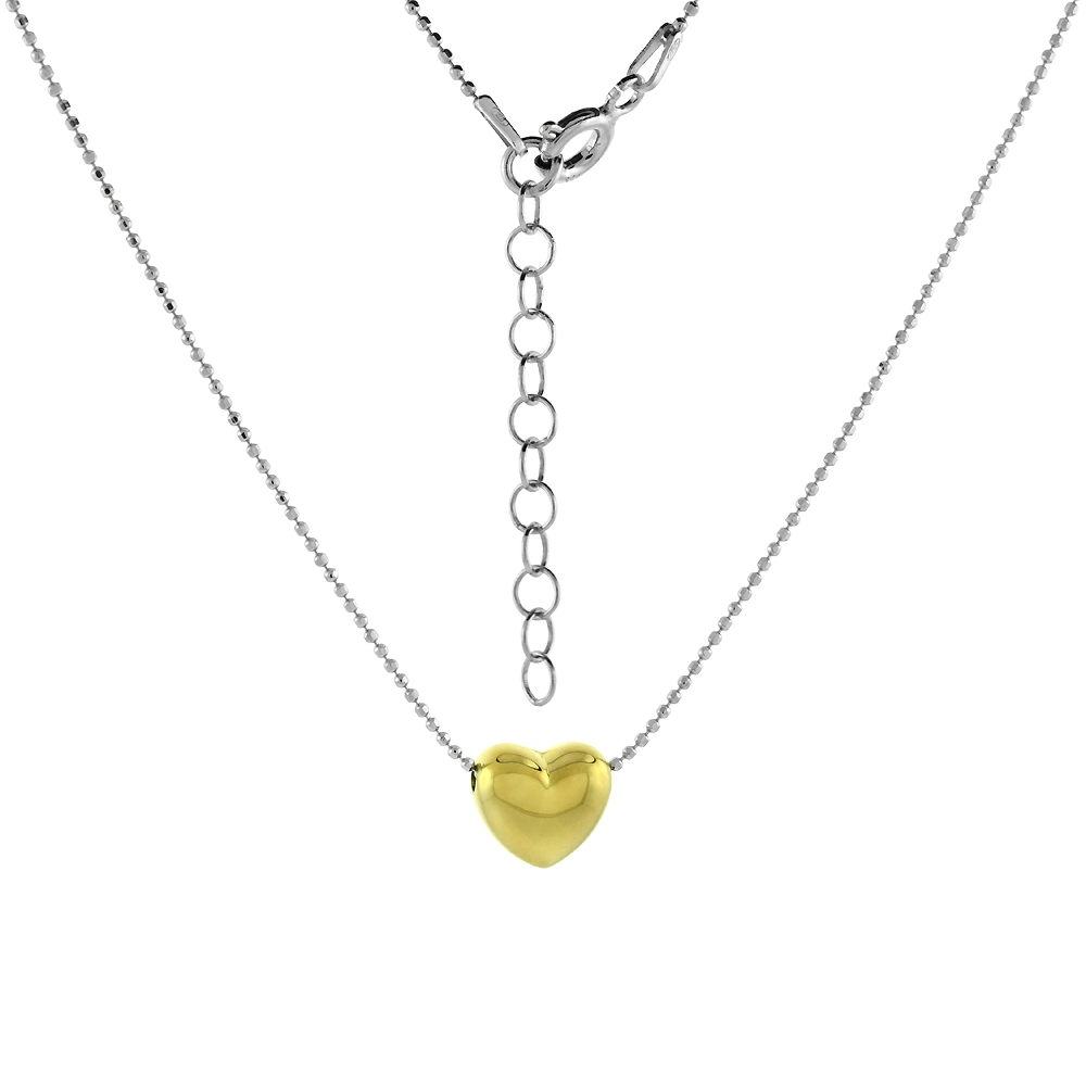 Sterling Silver Dainty Heart Bead Necklace Rhodium & Gold two-tone Italy, 16-18 inch