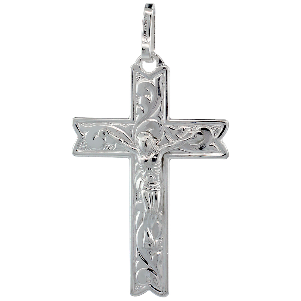 STERLING SILVER CRUCIFIX PENDANT FLORAL VINE PATTERN 1 1/2 INCH HIGH WITH NO CHAIN INCLUDED (NO CHAIN)
