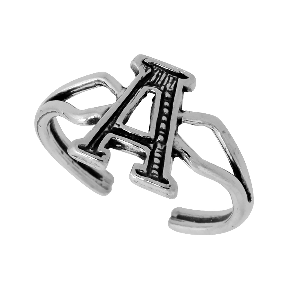 DAINTY STERLING SILVER ADJUSTABLE INITIAL TOE RING A FOR WOMEN OPEN BOTTOM SPLIT SHANK OXIDIZED 1/4 INCH WIDE