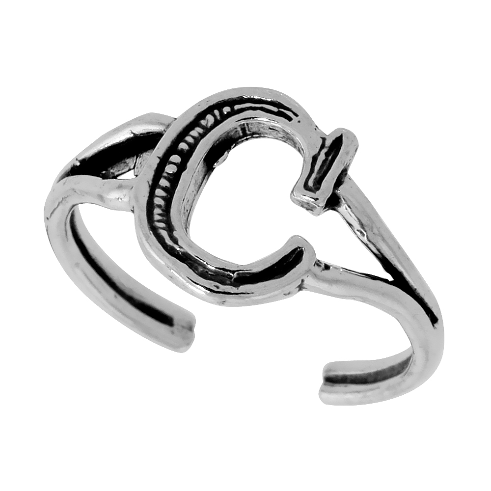 DAINTY STERLING SILVER ADJUSTABLE INITIAL TOE RING C FOR WOMEN OPEN BOTTOM SPLIT SHANK OXIDIZED 1/4 INCH WIDE