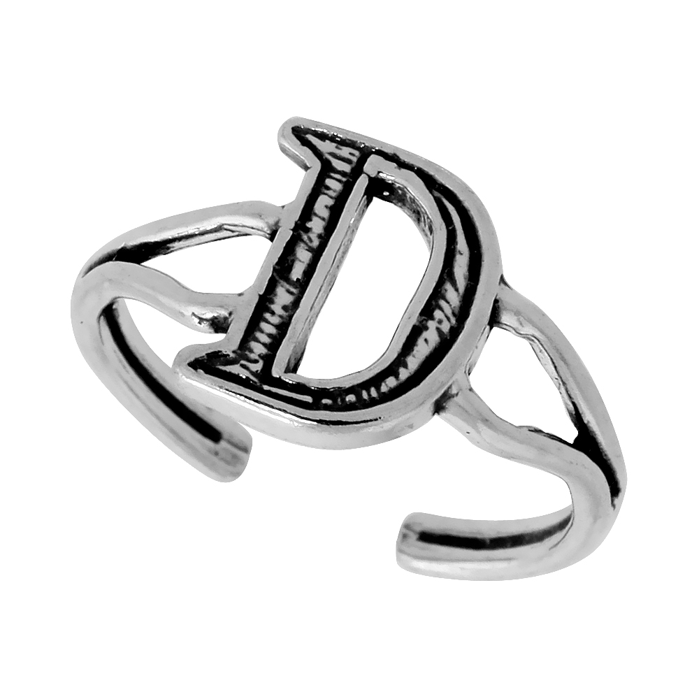 DAINTY STERLING SILVER ADJUSTABLE INITIAL TOE RING D FOR WOMEN OPEN BOTTOM SPLIT SHANK OXIDIZED 1/4 INCH WIDE