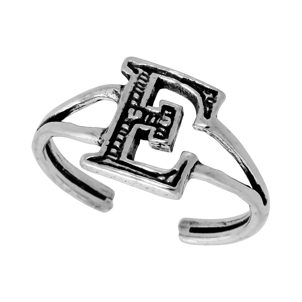 DAINTY STERLING SILVER ADJUSTABLE INITIAL TOE RING E FOR WOMEN OPEN BOTTOM SPLIT SHANK OXIDIZED 1/4 INCH WIDE