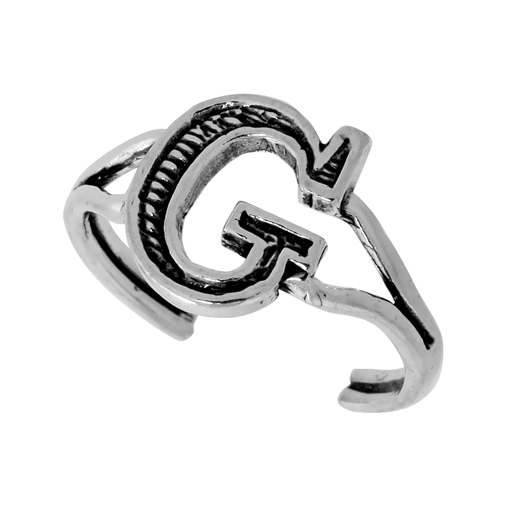 DAINTY STERLING SILVER ADJUSTABLE INITIAL TOE RING G FOR WOMEN OPEN BOTTOM SPLIT SHANK OXIDIZED 1/4 INCH WIDE