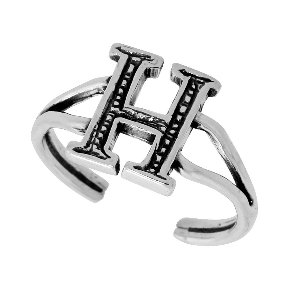 DAINTY STERLING SILVER ADJUSTABLE INITIAL TOE RING H FOR WOMEN OPEN BOTTOM SPLIT SHANK OXIDIZED 1/4 INCH WIDE