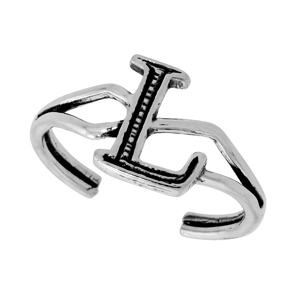 DAINTY STERLING SILVER ADJUSTABLE INITIAL TOE RING L FOR WOMEN OPEN BOTTOM SPLIT SHANK OXIDIZED 1/4 INCH WIDE