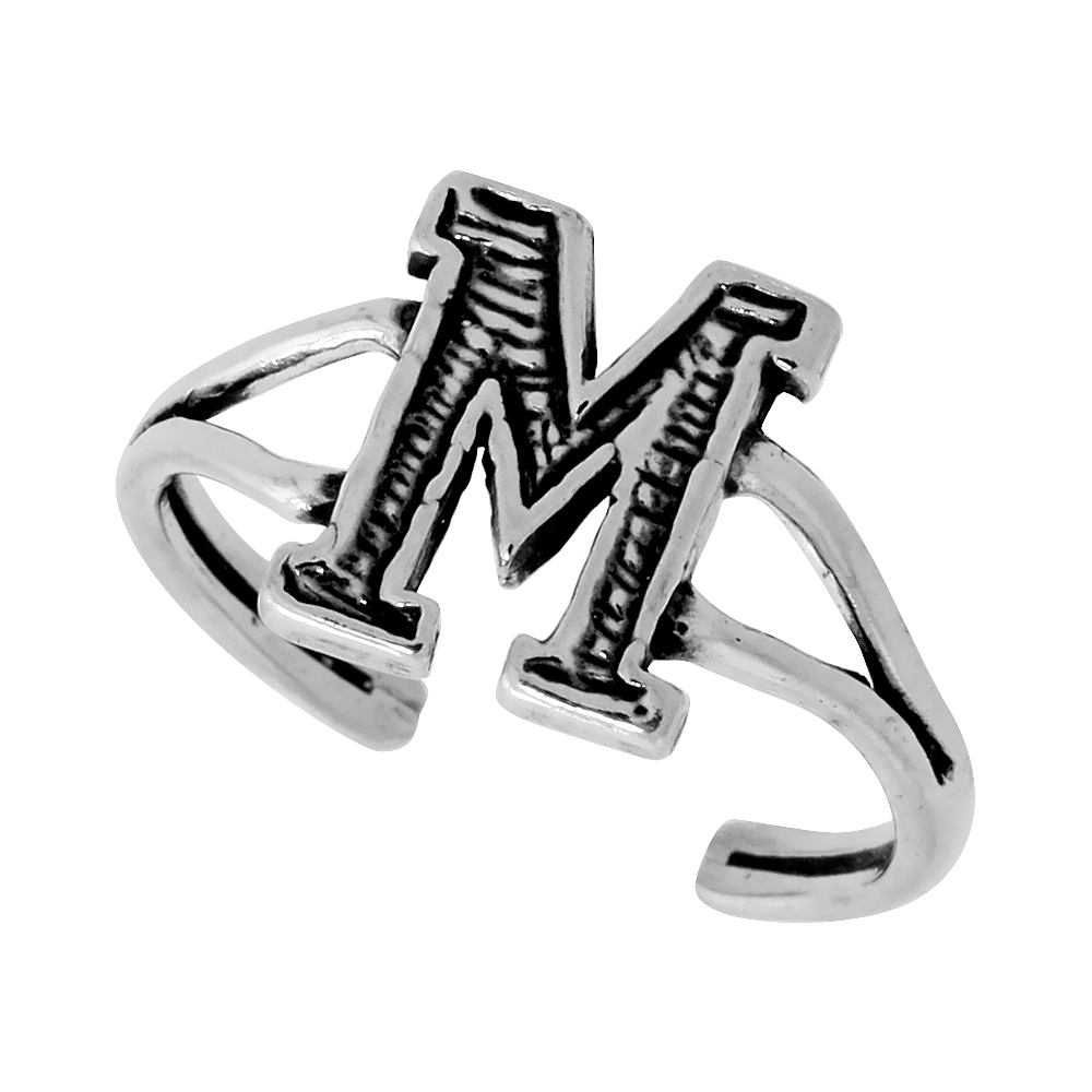 DAINTY STERLING SILVER ADJUSTABLE INITIAL TOE RING M FOR WOMEN OPEN BOTTOM SPLIT SHANK OXIDIZED 1/4 INCH WIDE