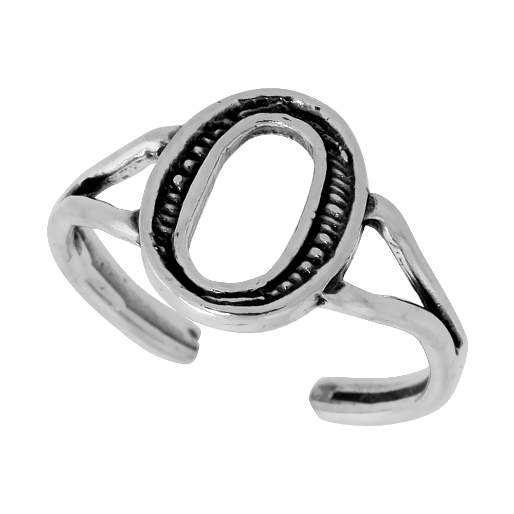 DAINTY STERLING SILVER ADJUSTABLE INITIAL TOE RING O FOR WOMEN OPEN BOTTOM SPLIT SHANK OXIDIZED 1/4 INCH WIDE
