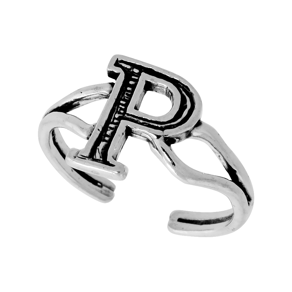 DAINTY STERLING SILVER ADJUSTABLE INITIAL TOE RING P FOR WOMEN OPEN BOTTOM SPLIT SHANK OXIDIZED 1/4 INCH WIDE