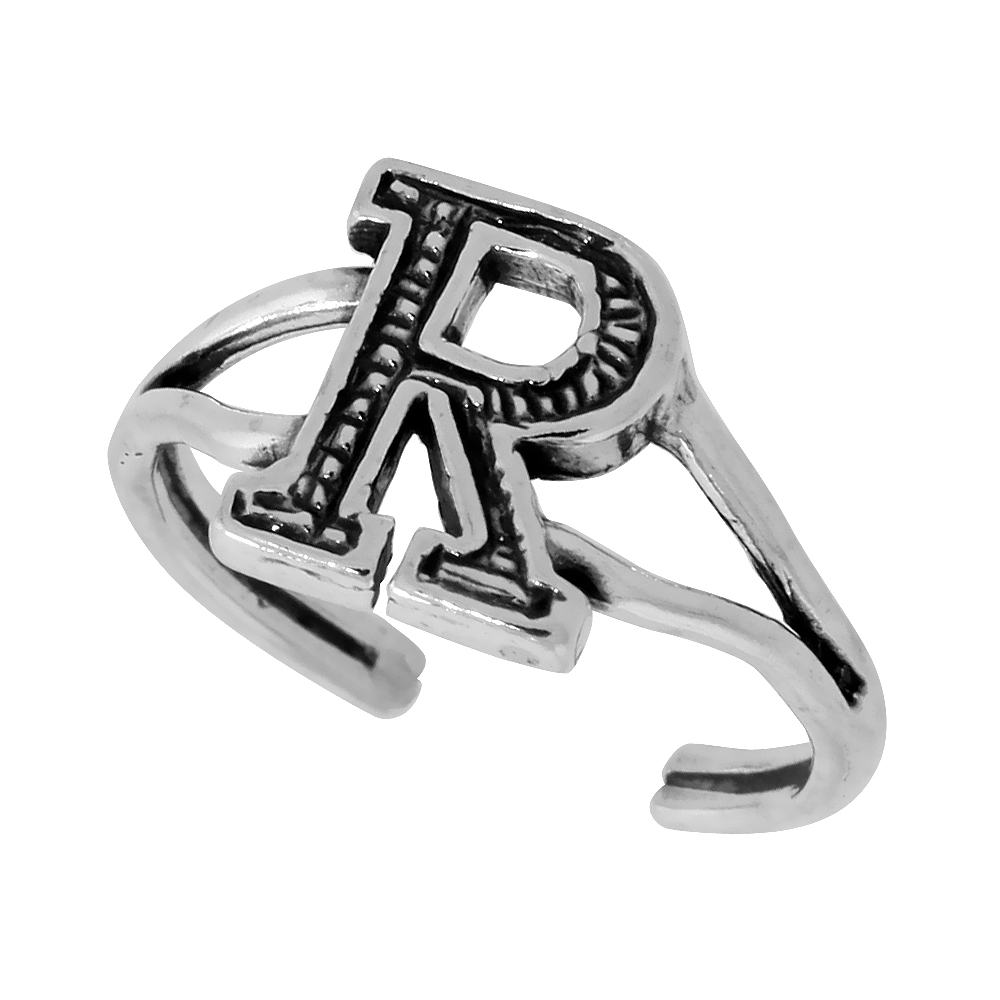 DAINTY STERLING SILVER ADJUSTABLE INITIAL TOE RING R FOR WOMEN OPEN BOTTOM SPLIT SHANK OXIDIZED 1/4 INCH WIDE