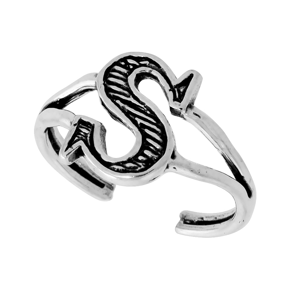 DAINTY STERLING SILVER ADJUSTABLE INITIAL TOE RING S FOR WOMEN OPEN BOTTOM SPLIT SHANK OXIDIZED 1/4 INCH WIDE