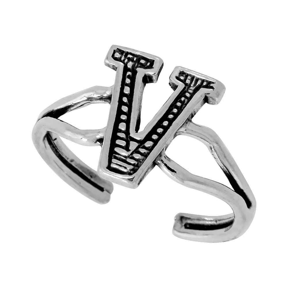 DAINTY STERLING SILVER ADJUSTABLE INITIAL TOE RING V FOR WOMEN OPEN BOTTOM SPLIT SHANK OXIDIZED 1/4 INCH WIDE