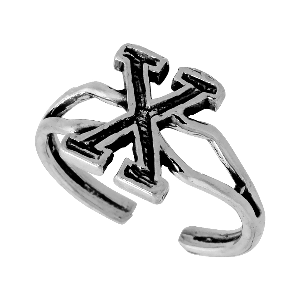 DAINTY STERLING SILVER ADJUSTABLE INITIAL TOE RING X FOR WOMEN OPEN BOTTOM SPLIT SHANK OXIDIZED 1/4 INCH WIDE