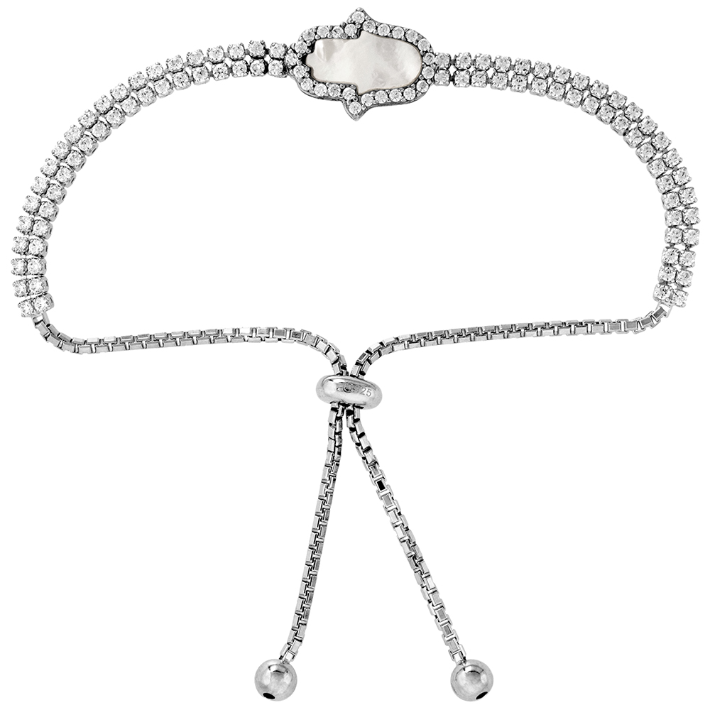 Sterling Silver Cubic Zirconia Adjustable Hamsa Bracelet Women Mother of Pearl Inlay 7-8 inch