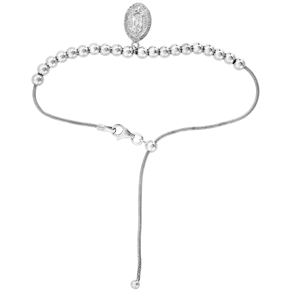 Sterling Silver Adjustable Rosary Guadalupe Bracelet Women 7-8 inch