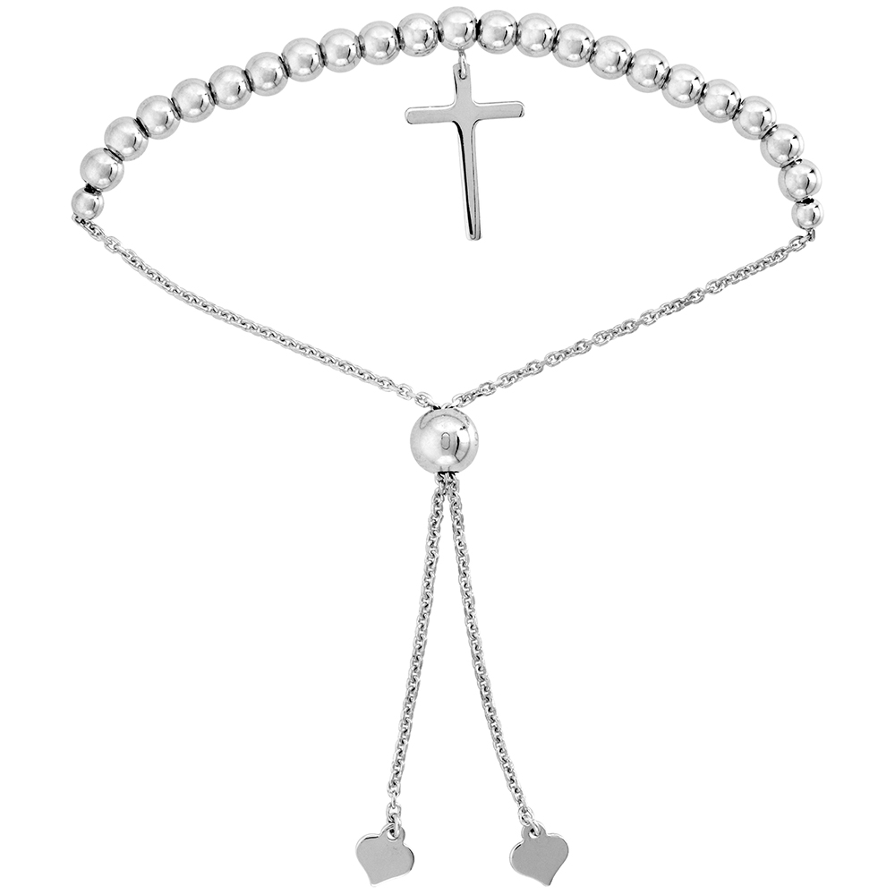 Sterling Silver Adjustable Rosary Cross Bracelet with Beads Women 7-8 inch