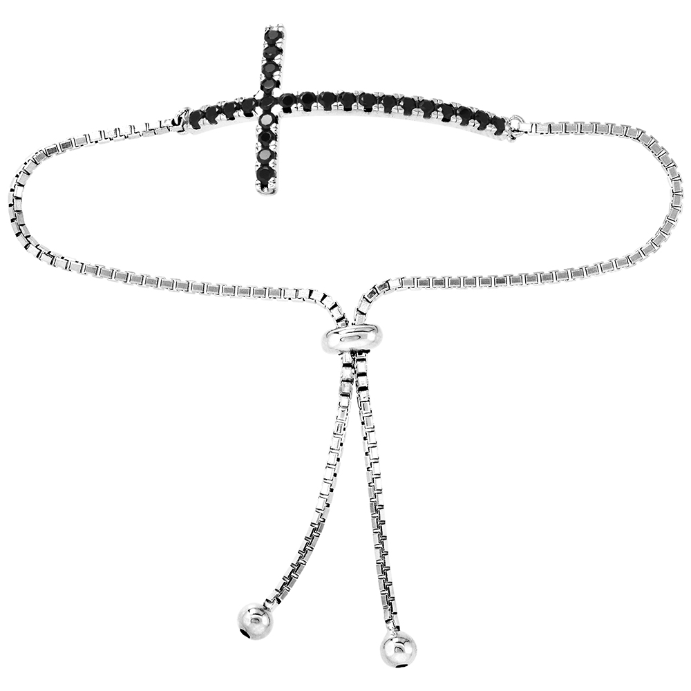 Sterling Silver Black CZ Adjustable Sideways Cross Bracelet Women 7-8 inch
