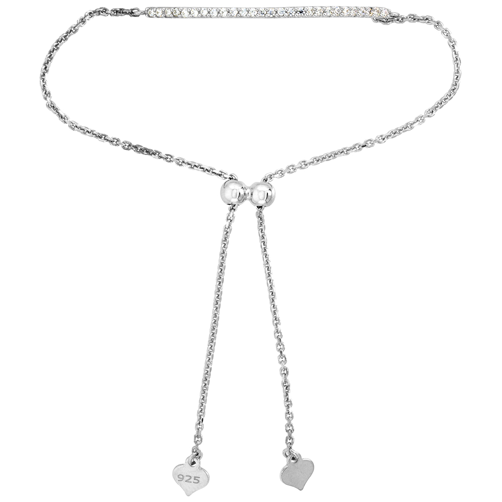 Dainty Sterling Silver Cubic Zirconia Adjustable Bar Bracelet 1.5mm Women 7-8 inch