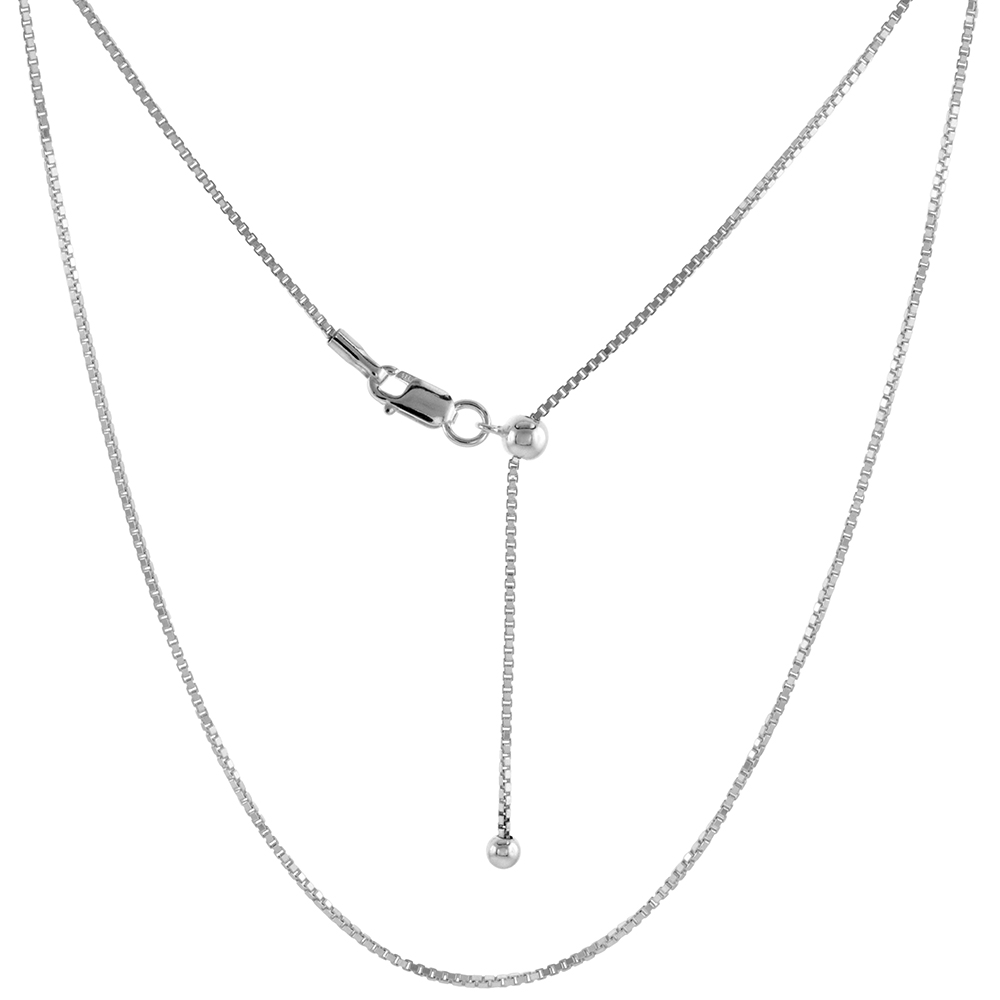 Sterling Silver Adjustable Box Chain Necklace 1 mm Nickel Free, 24 inch