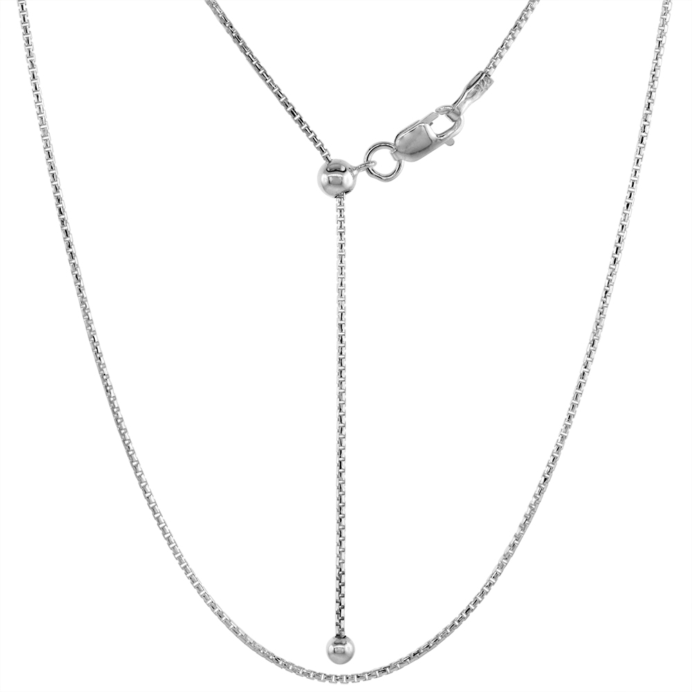 Thin Sterling Silver Adjustable Round Box Chain Necklace for Women 0.9 mm Nickel Free 24 inch