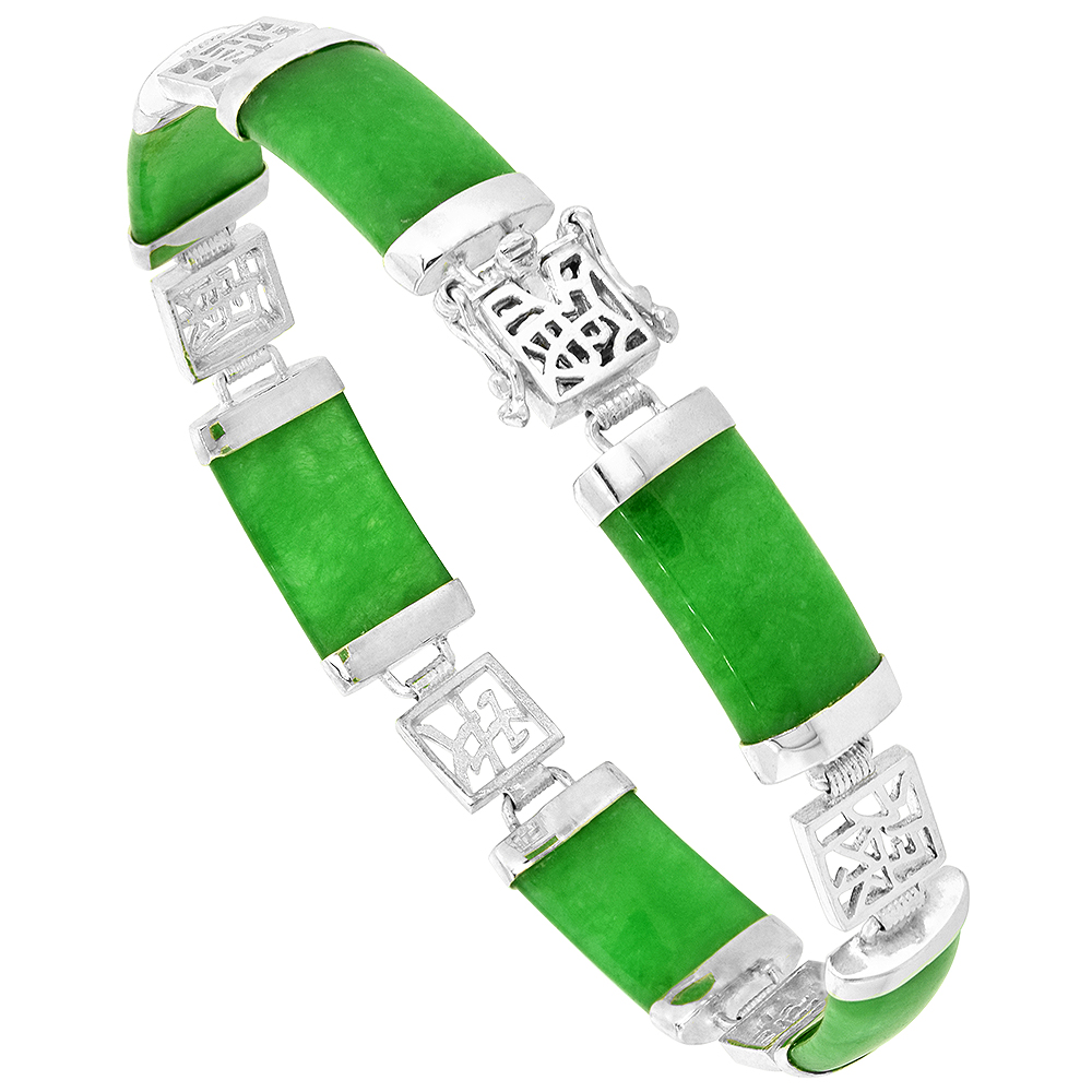 9mm Sterling Silver Dyed Green Jade Link Bracelet for Women Box Clasp Chinese characters for Luck Health Prosperitys 3/8 wide