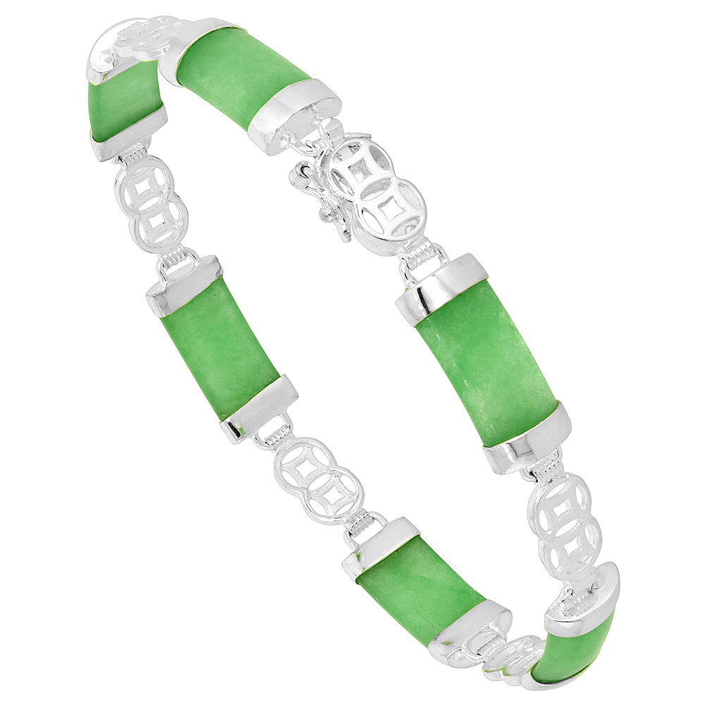 7mm Sterling Silver Dyed Green Jade Link Bracelet for Women Quatrefoil Box Clasp 5/16 wide 7 -8 inch