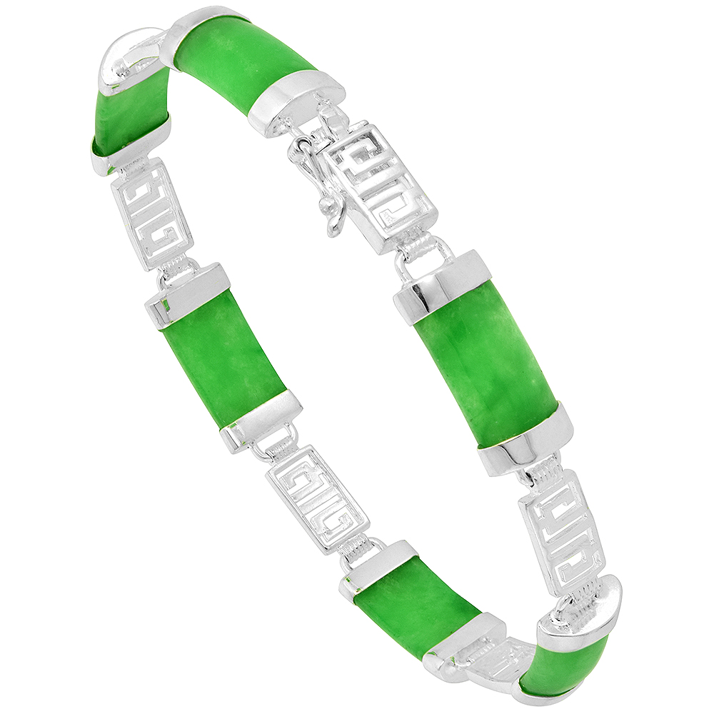 7mm Sterling Silver Dyed Green Jade Link Bracelet for Women Greek Key Box Clasp 5/16 wide 7-8inch