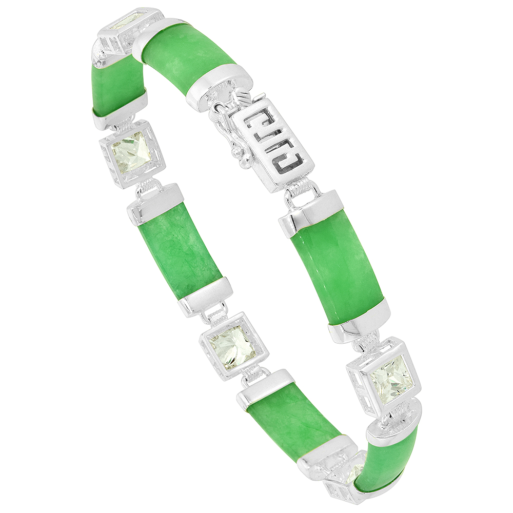 7mm Sterling Silver Dyed Green Jade Link Bracelet for Women CZ Accent Greek Key Box Clasp 5/16 inch wide