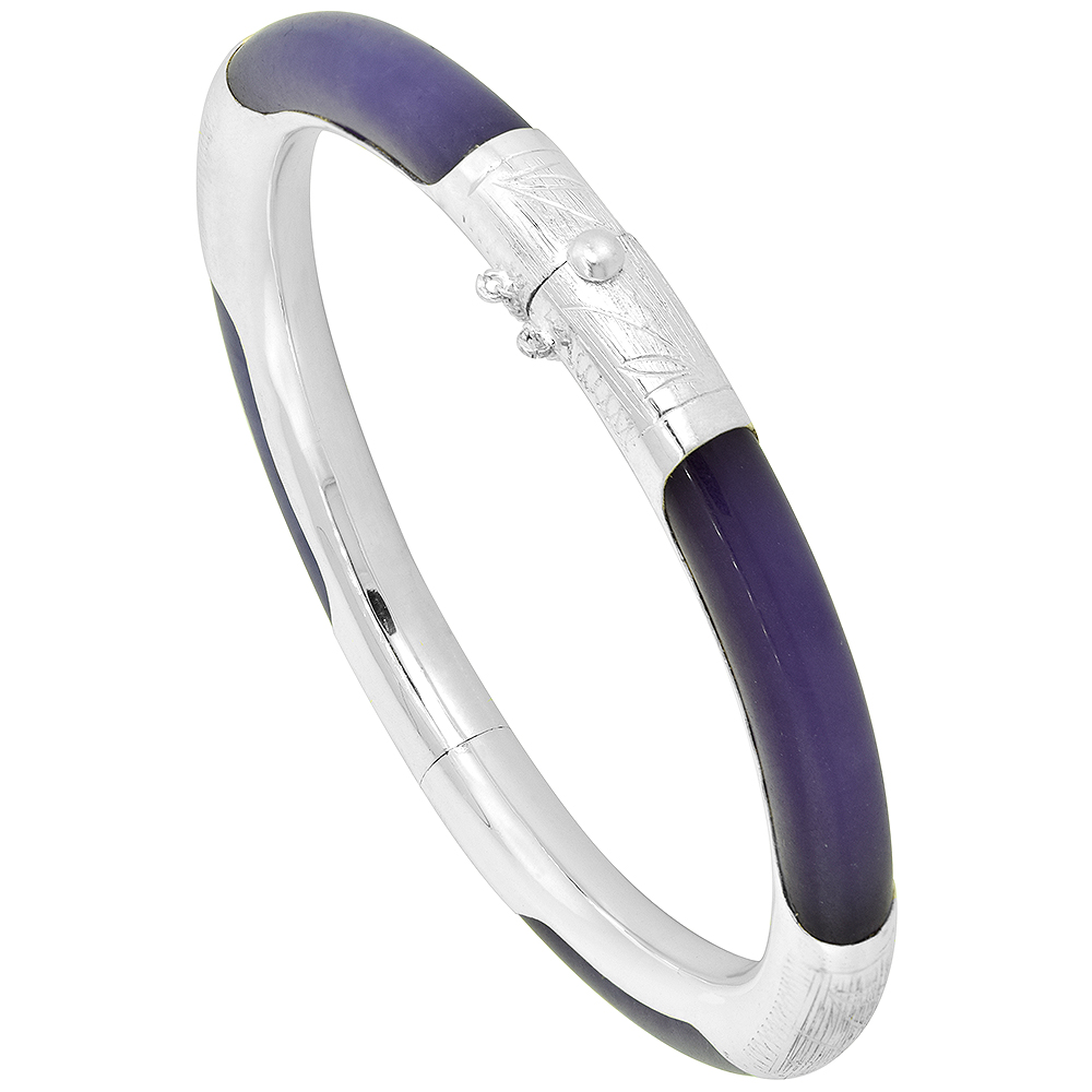 Sterling Silver Dyed Purple Jade Bangle Bracelet with Safety Chain, fits 6.5 to 7.5 wrist