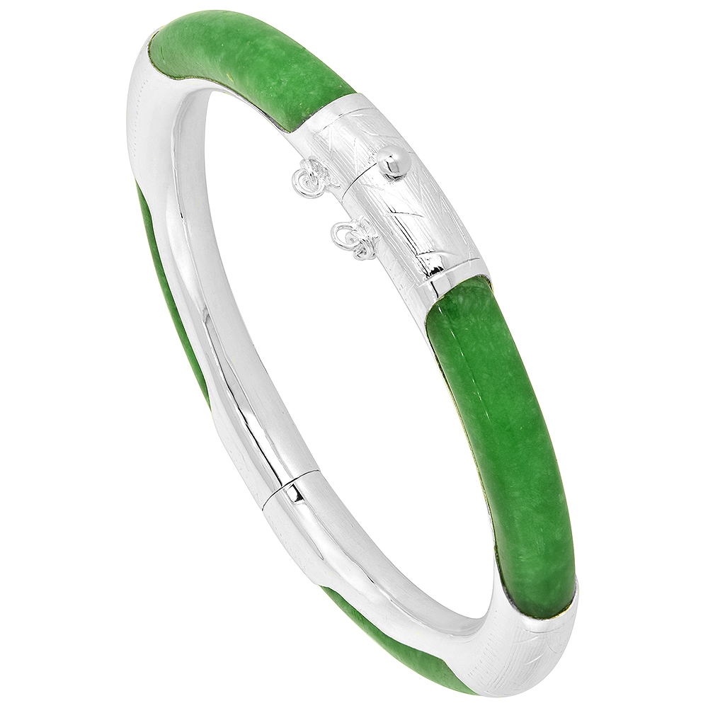 Sterling Silver Dyed Green Jade Bangle Bracelet with Safety Chain, fits 6.5 to 7.5 wrist