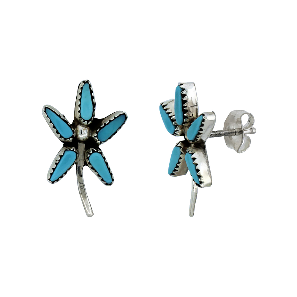 STERLING SILVER HANDCRAFTED BLUE TURQUOISE FLOWER STUD EARRINGS (GENUINE ZUNI TRIBE AMERICAN INDIAN JEWELRY) 3/4 IN. (19 MM)