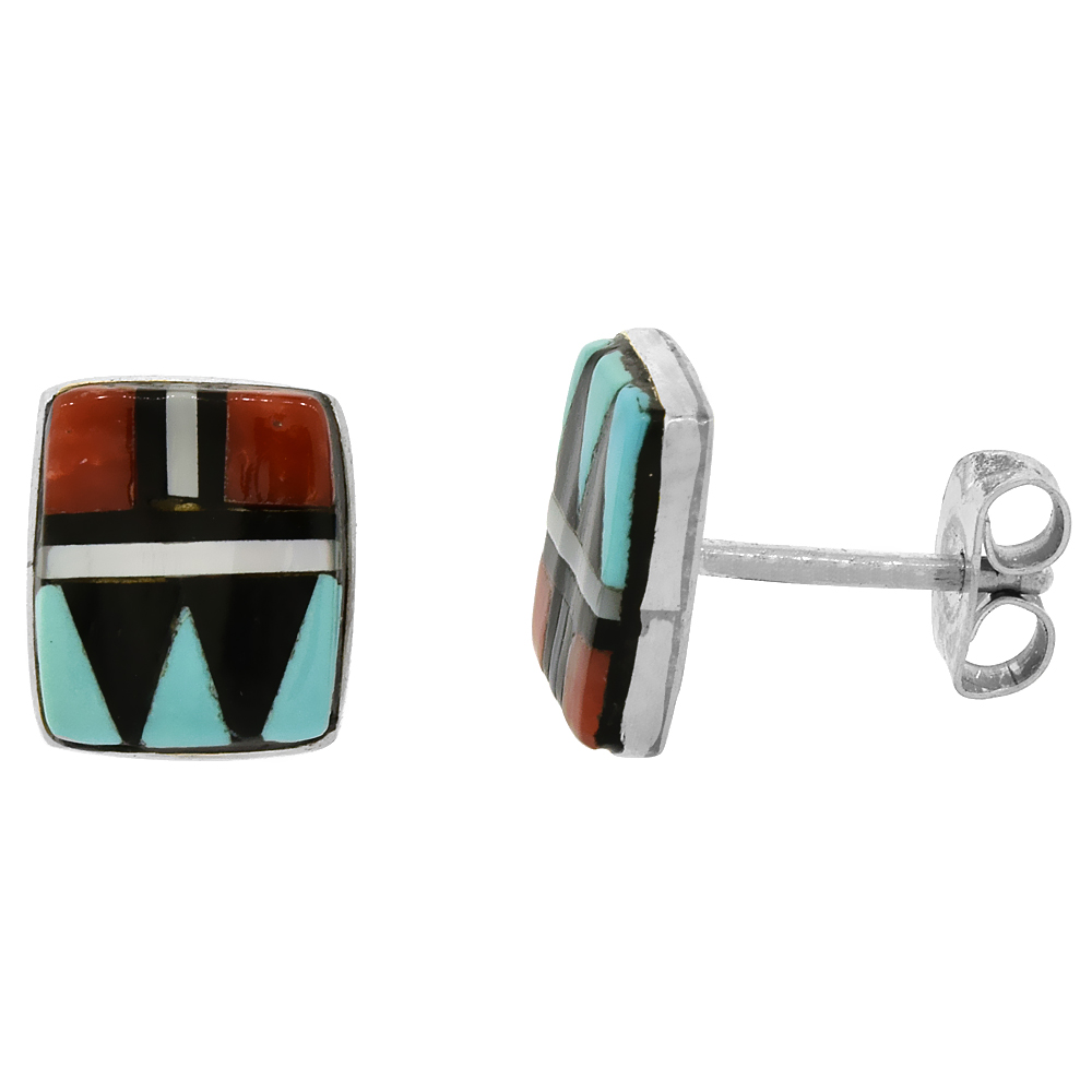 STERLING SILVER HANDCRAFTED MULTI COLOR SQUARE STUD EARRINGS (GENUINE ZUNI TRIBE AMERICAN INDIAN JEWELRY) 3/8 IN. (9 MM)