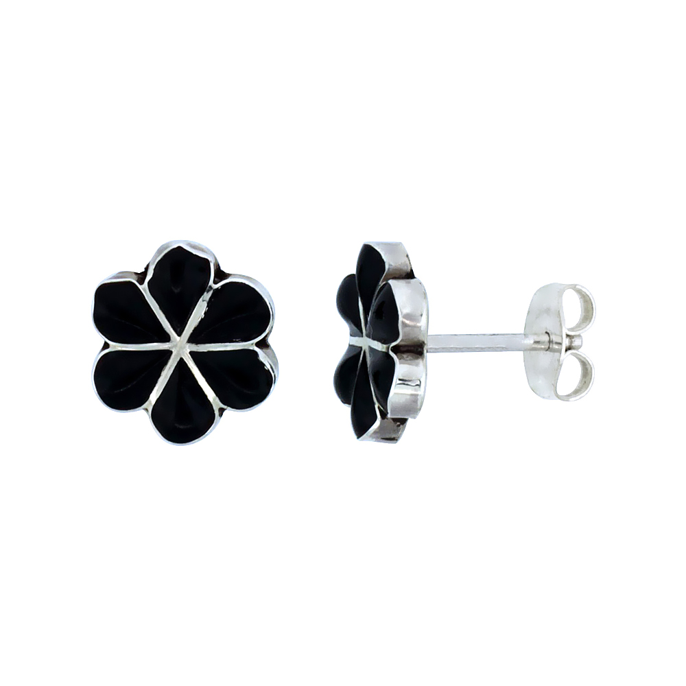 Sterling Silver Handcrafted Black Onyx Flower Stud Earrings (Genuine Zuni Tribe American Indian Jewelry) 3/8 in. (10 mm)