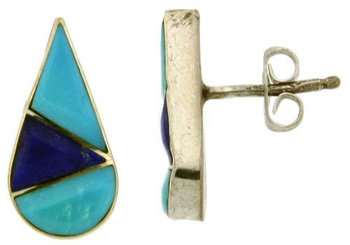 Sterling Silver Handcrafted Blue Turquoise Teardrop Stud Earrings (Genuine Zuni Tribe American Indian Jewelry) 5/8 in. (16 mm) t