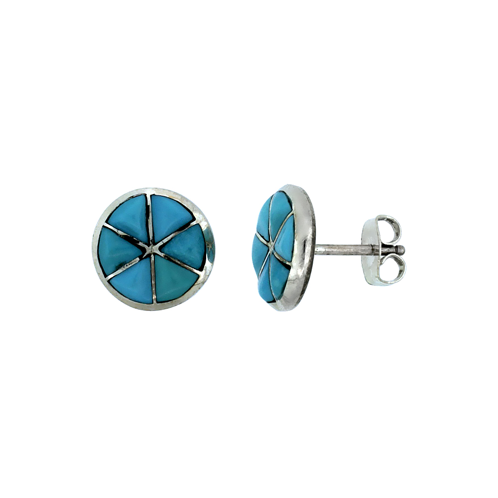 STERLING SILVER HANDCRAFTED BLUE TURQUOISE ROUND STUD EARRINGS (GENUINE ZUNI TRIBE AMERICAN INDIAN JEWELRY) 3/8 IN. (10 MM)