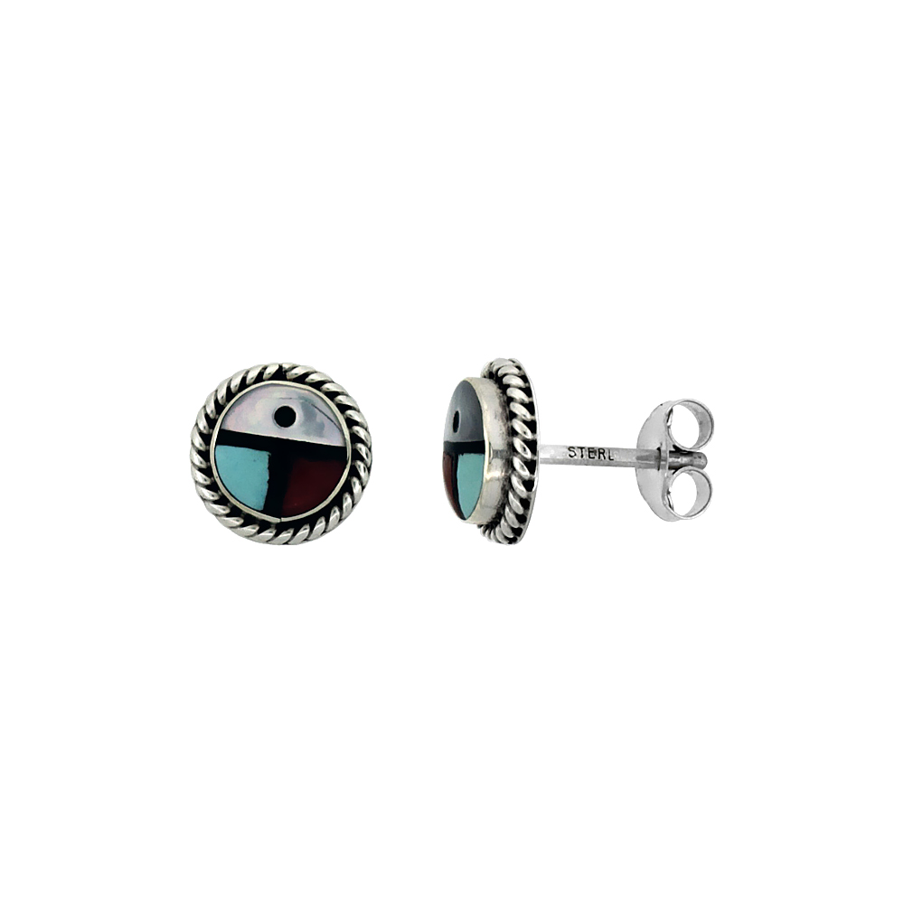 STERLING SILVER HANDCRAFTED MULTI COLOR ROUND STUD EARRINGS (GENUINE ZUNI TRIBE AMERICAN INDIAN JEWELRY) W/ ROPE EDGE DESIGN 5/16 IN. (8.5 MM)