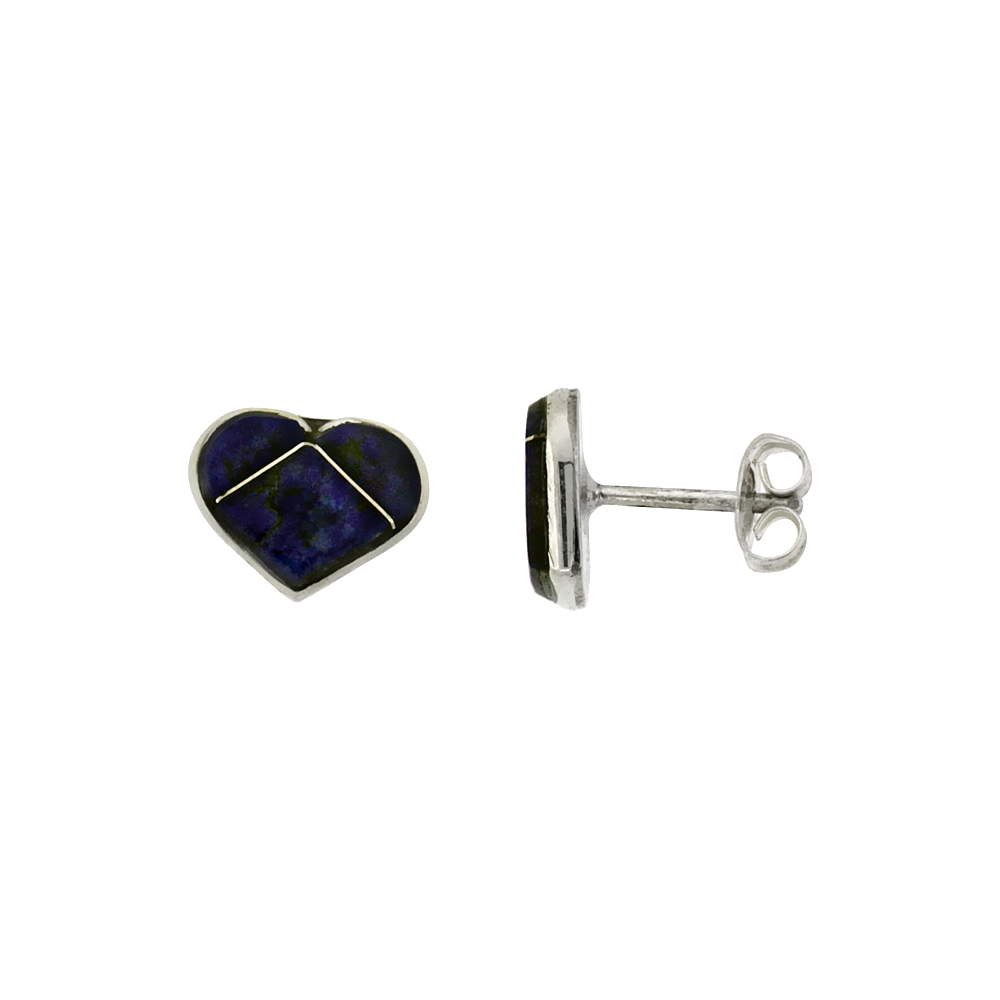 STERLING SILVER HANDCRAFTED BLUE HEART STUD EARRINGS (GENUINE ZUNI TRIBE AMERICAN INDIAN JEWELRY) 5/16 IN. (8.5 MM)