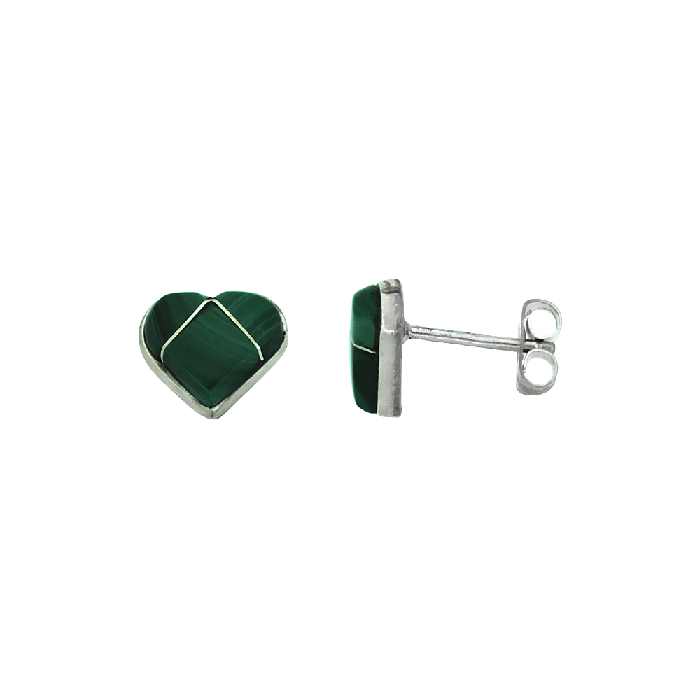 STERLING SILVER HANDCRAFTED GREEN MALACHITE HEART STUD EARRINGS (GENUINE ZUNI TRIBE AMERICAN INDIAN JEWELRY) 5/16 IN. (8 MM)
