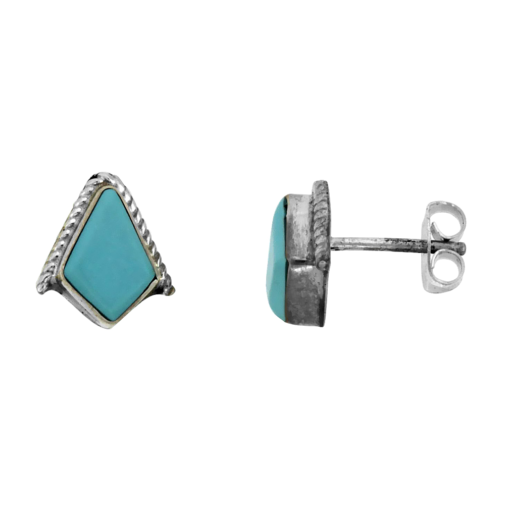 STERLING SILVER HANDCRAFTED BLUE TURQUOISE DIAMOND-SHAPED STUD EARRINGS (GENUINE ZUNI TRIBE AMERICAN INDIAN JEWELRY) 3/8 IN. (10 MM) TALL