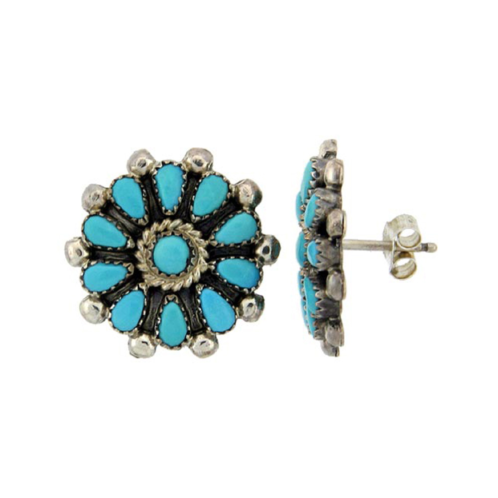 STERLING SILVER HANDCRAFTED BLUE TURQUOISE STUD EARRINGS (GENUINE ZUNI TRIBE AMERICAN INDIAN JEWELRY) 1 IN. (25 MM)