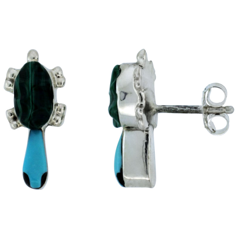 Sterling Silver Handcrafted Blue Turquoise &amp; Green Malachite Turtle Stud Earrings (Genuine Zuni Tribe American Indian Jewelry) 5/8 in. (16 mm) tall