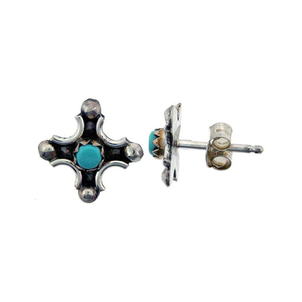 STERLING SILVER HANDCRAFTED BLUE TURQUOISE STUD EARRINGS (GENUINE ZUNI TRIBE AMERICAN INDIAN JEWELRY) 1 IN. (25 MM)
