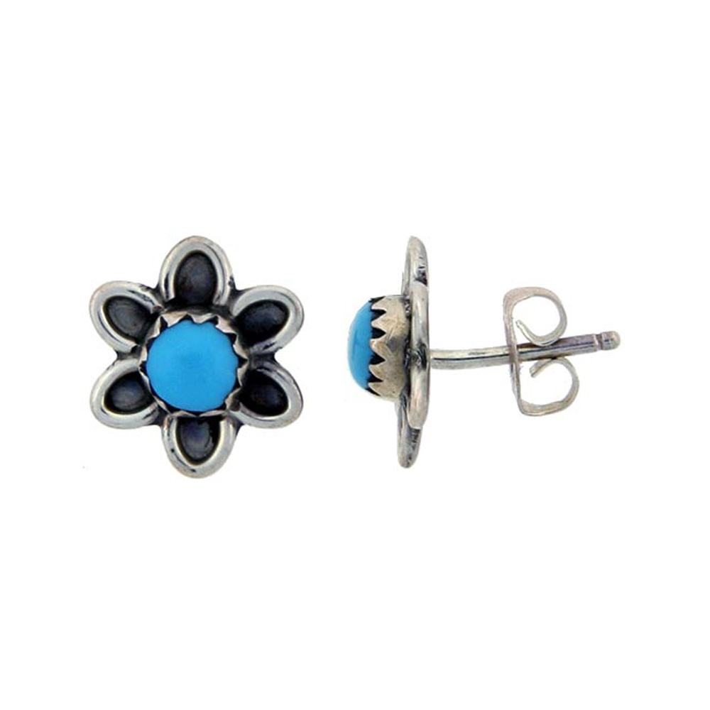STERLING SILVER HANDCRAFTED BLUE TURQUOISE STUD EARRINGS (GENUINE ZUNI TRIBE AMERICAN INDIAN JEWELRY) 1 IN. (25 MM)